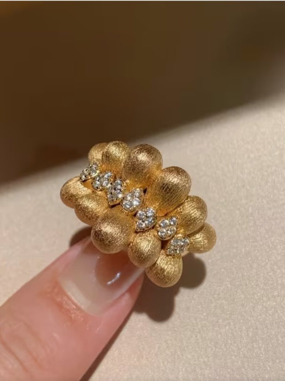 NEW Frenchie Brushed Gold Crystal Studded Cluster Ring One Size Adjustable
